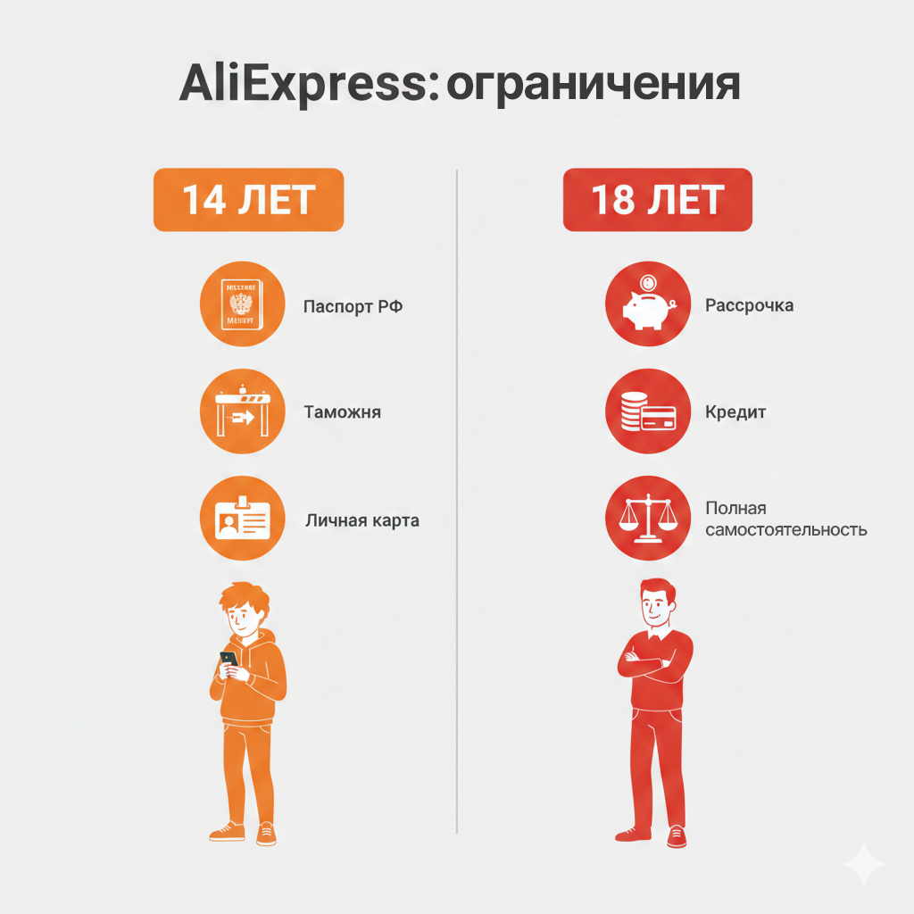 Со скольки лет можно заказывать на AliExpress: официальные правила и реальный порог Инфографика сравнения возрастных ограничений на AliExpress: возможности в 14 лет и 18 лет (паспорт, таможня, оплата)