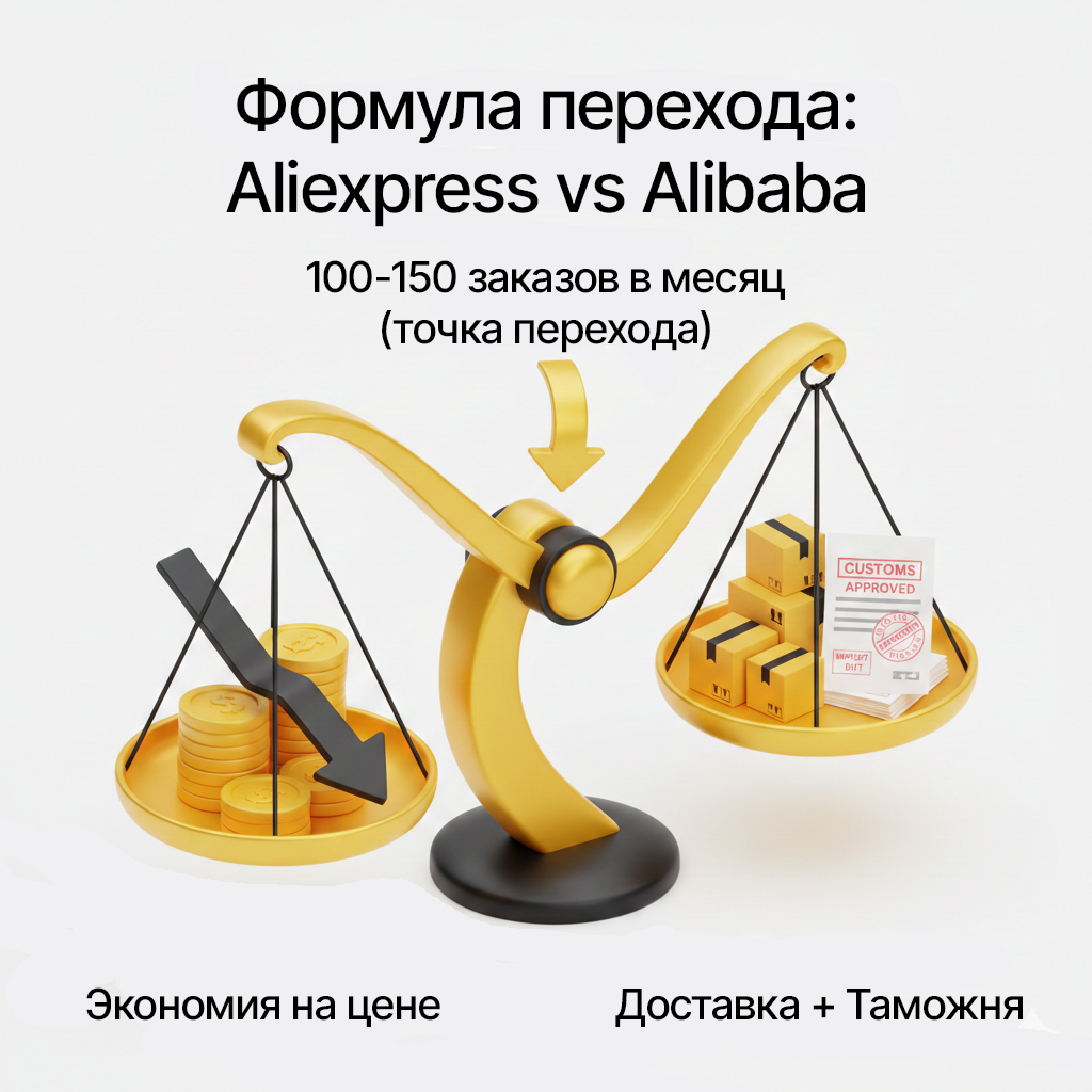 Инфографика Decision Framework от AliWoW: Весы сравнения AliExpress и Alibaba. Визуализация точки перехода на опт: при 100-150 заказах в месяц экономия на цене товара перевешивает стоимость доставки и таможни.