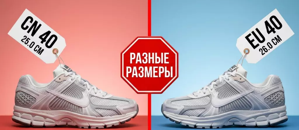 Китайские размеры обуви (CN) на AliExpress: точная таблица соответствия и перевод в RU/EU Сравнение кроссовок: китайский размер CN 40 равен 25 см, а европейский EU 40 равен 26 см. Таблички с размерами на красном и синем фоне.