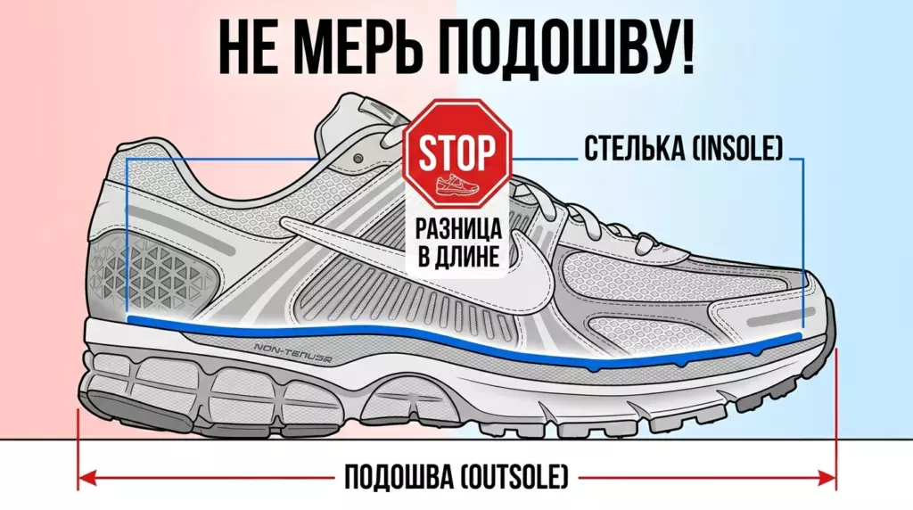 Китайские размеры обуви (CN) на AliExpress: точная таблица соответствия и перевод в RU/EU Кроссовок в разрезе: показана разница между длиной внутренней стельки (Insole) и внешней подошвы (Outsole). Надпись «Не мерь подошву».