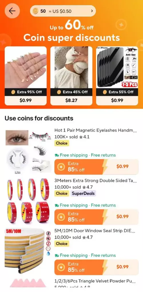 Раздел Coin Super Discounts в приложении AliExpress Global: примеры товаров со скидками Extra 95%, 85% и 55% за использование монет, цена товаров снижена до $0.99.