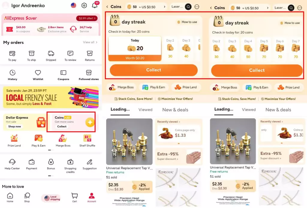Раздел монет в приложении AliExpress Global: 7-дневный цикл начисления (от 20 до 70 монет), доступ к играм Merge Boss и Prize Land, а также функционал поиска и скидки Extra -95%.