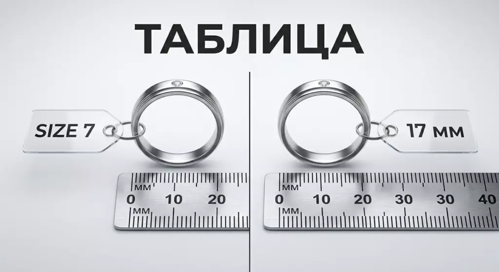 Сравнение китайского размера 7 и диаметра 17 мм на линейке, инфографика Таблица.