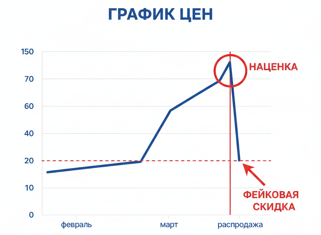 График истории цен на AliExpress с примером наценки перед распродажей.