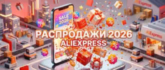 Яркий баннер распродаж AliExpress 2026 со смартфоном и подарочными коробками.