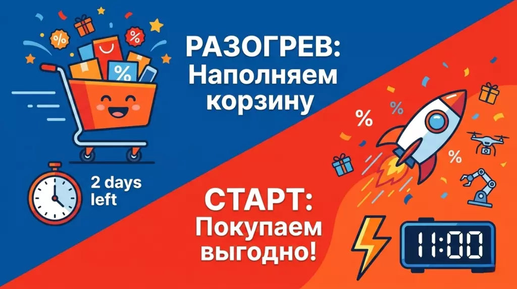Инфографика этапов распродажи AliExpress: разогрев и старт.